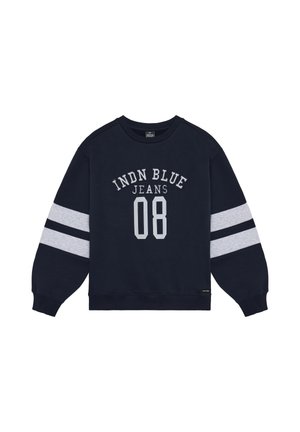 Mørkeblå sweatshirt med lange ærmer med to grå vandrette striber på hver ærme og "INDN BLUE JEANS 08" trykt på forsiden.