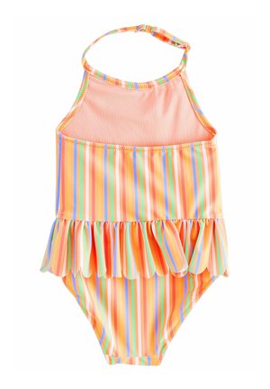 Gestreifter Badeanzug in Pink, Orange und Blau mit einem rüschengesäumten Saum. Hergestellt aus dehnbarem Stoff, mit einem Halterneck und einer glatten Textur.