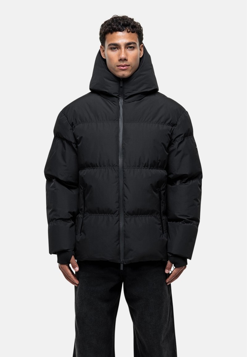 Black puffer jacket with a high collar and zip closure, featuring a quilted design, matte texture, and side pockets.