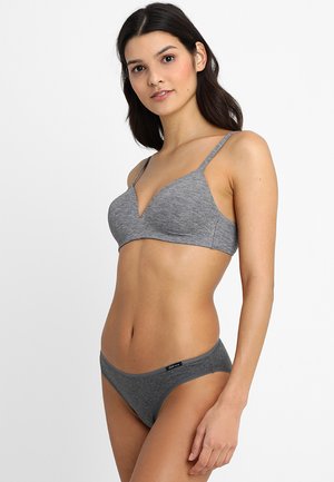 Gray soft fabric bra with a V-neck design and thin adjustable straps, paired with matching gray bikini underwear, simple and seamless.