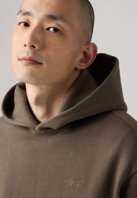 Sudadera marrón hecha de un tejido suave, con un bolsillo canguro, capucha con cordón y un discreto logo de Levi's bordado en el pecho.