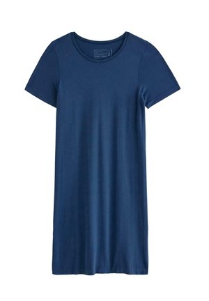 Marineblaues Freizeitkleid mit kurzen Ärmeln und rundem Ausschnitt, aus weichem Stoff, dargestellt vor weißem Hintergrund.