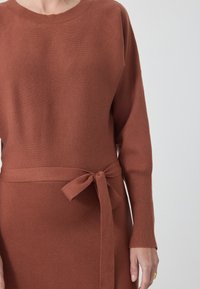 Robe en tricot couleur rouille avec un col rond, des manches longues et une ceinture à la taille. Texture douce avec une finition lisse et un léger détail de texture.
