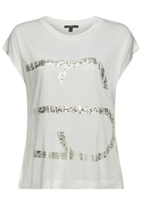 Weißes Kurzarm-T-Shirt aus weichem Stoff, mit einem glitzernden silbernen Grafikdesign auf der Vorderseite und einer lockeren Passform.