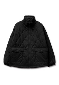 Černá prošívaná bunda s vysokým límcem, předním zipem a dvěma kapsami na knoflíky. Obsahuje texturovaný diamantový vzor a elastické manžety.