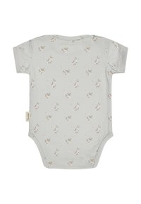Baby bodysuit with short sleeves in light gray, featuring a small floral pattern in muted brown and white tones.