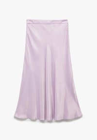 Jupe en satin violet clair avec une taille évasée, une texture lisse et une ceinture élastique, tombant jusqu'à mi-mollet.