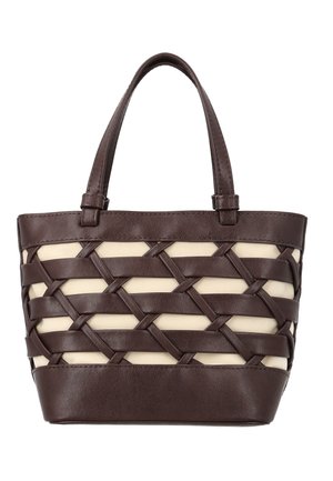 Sac cabas en cuir marron avec un motif tissé sur tissu beige et doubles anses d'épaule.