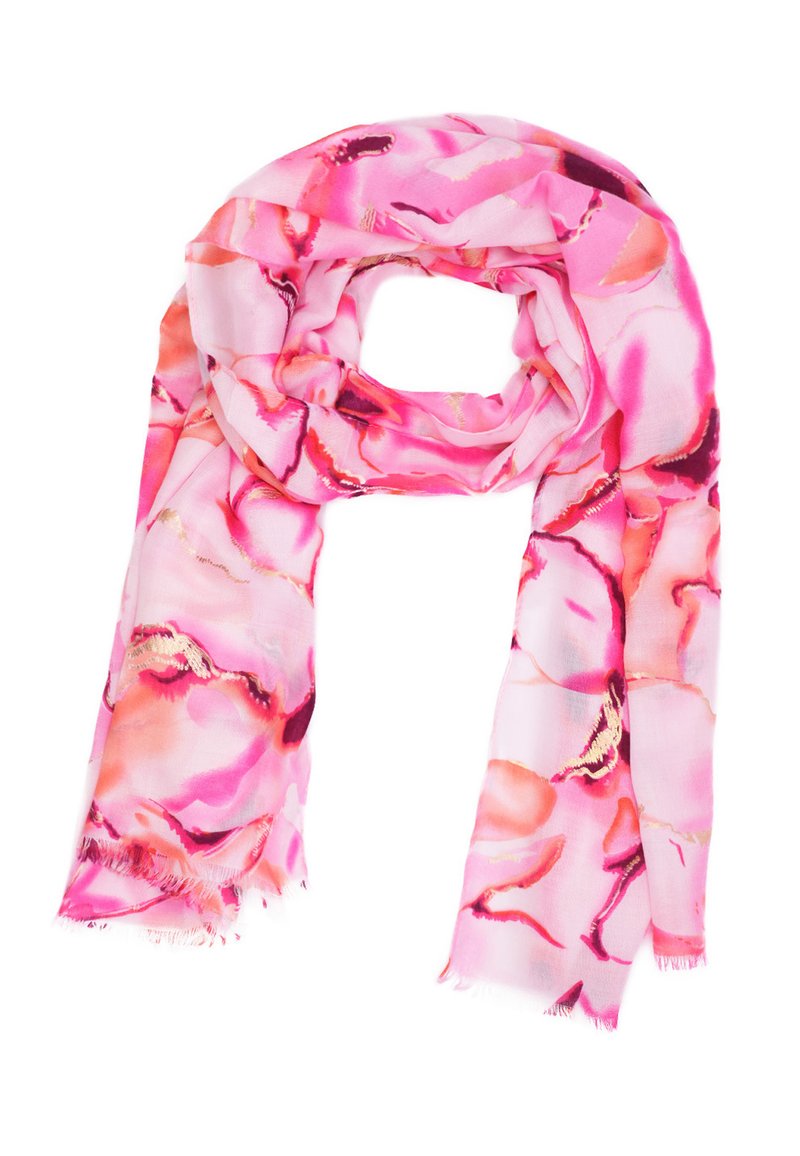 Sciarpa leggera in tonalità di rosa, con una stampa floreale ad acquerello e bordi frangiati. Realizzata in tessuto morbido e leggero.