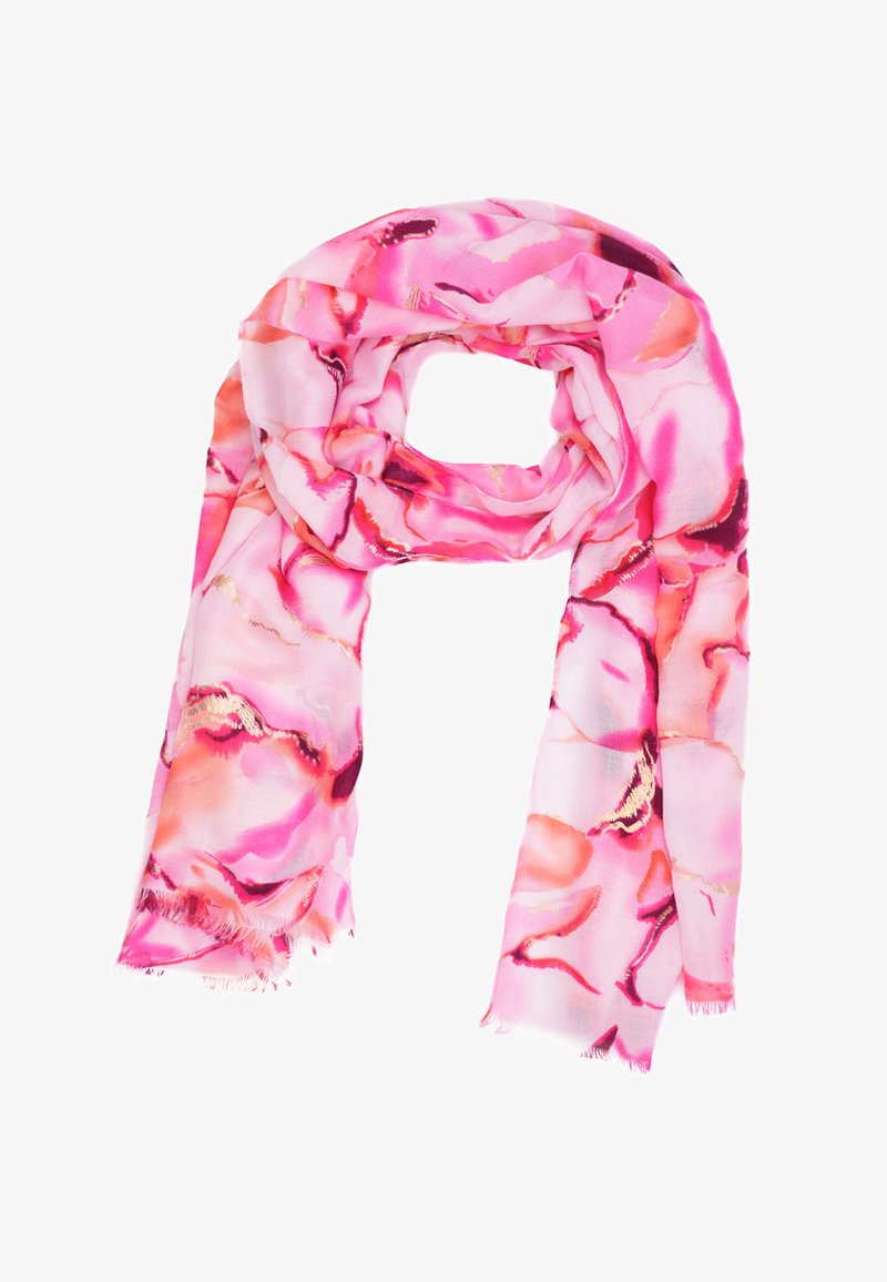 Sciarpa leggera in tonalità di rosa, con una stampa floreale ad acquerello e bordi frangiati. Realizzata in tessuto morbido e leggero.