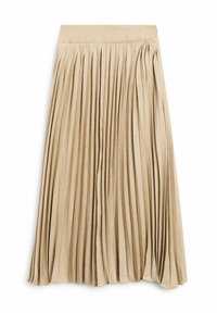 Pleated skirt i ljusbeige tyg, med ett brett midjeband och vertikala veck, vilket skapar en texturerad, flödande design.