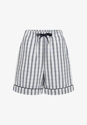 Herrebukser med striber i hvid og marineblå, med elastisk talje og snor, opfoldet kant og blødt linnedstof.