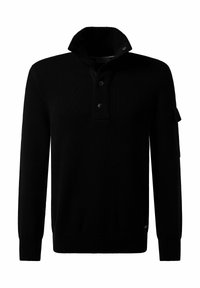 Zwarte gebreide pullover trui met een hoge kraag, twee knopen aan de voorkant, ribgebreide manchetten en een zijzakdetail. Gestructureerde stof.