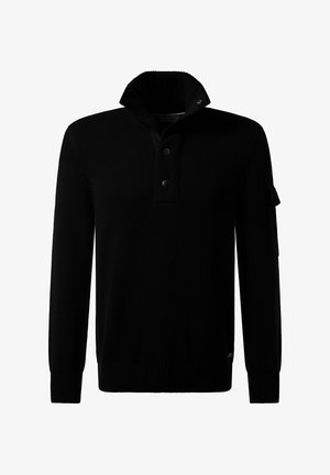 Schwarzer Strickpullover mit hohem Kragen, zwei vorderen Knöpfen, gerippten Bündchen und einer Seitentasche. Strukturierten Stoff.