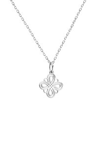 Silverhalsband med en floral hängen design med sammanflätade slingor och en central prick, hängande på en länkad kedja.