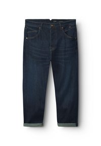 Temno modri jeans iz jeansa s klasičnim krojem, petimi žepi in zavihanimi hlačnicami. Tkanina ima gladko teksturo s subtilnimi podrobnostmi bledenja.