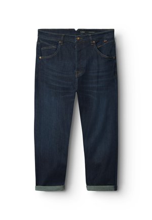 Dark blue denim jeans featuring a classic cut, five pockets, and turn-up cuffs. The fabric has a smooth texture with subtle fading details.