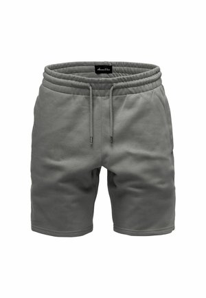 Gray shorts made from soft fabric, featuring an elastic waistband with drawstrings and a smooth texture, designed with a straight cut.