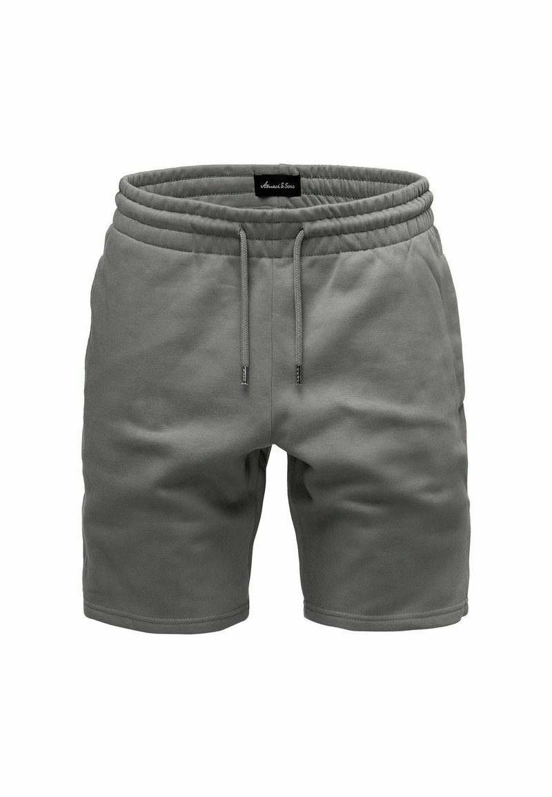 Graue Shorts aus weichem Material, mit einem elastischen Bund und Kordeln sowie einer glatten Textur, entworfen im geraden Schnitt.