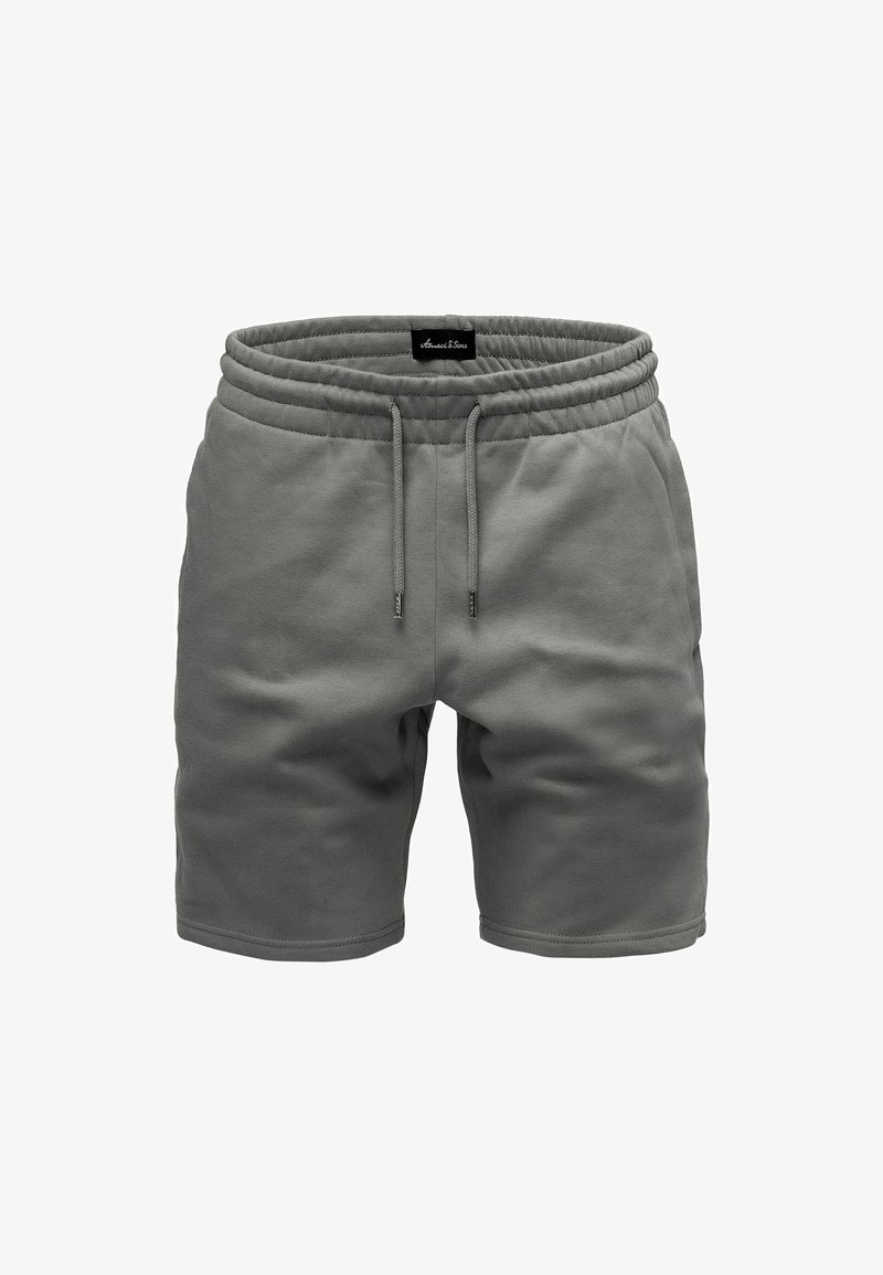 Graue Shorts aus weichem Material, mit einem elastischen Bund und Kordeln sowie einer glatten Textur, entworfen im geraden Schnitt.