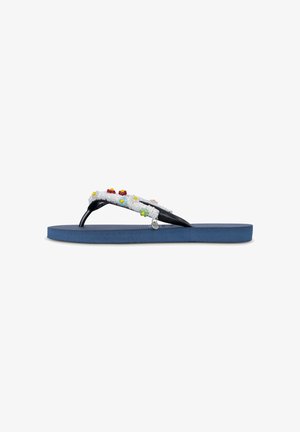 Flip-flop with a blue rubber sole. Black straps adorned with colorful beads in floral shapes and a metallic accent. Textured footbed.