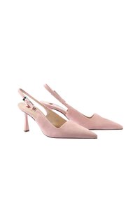 Rosa mocka slingback högklackade skor med spetsiga tår, med en V-formad design och smala klackar i en matchande nyans.