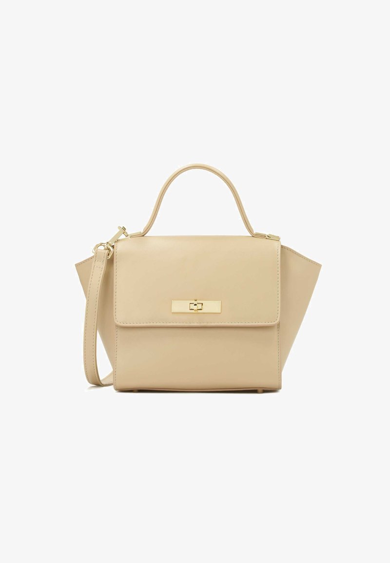 Bežová štruktúrovaná kabelka vyrobená z hladkej kože. Obsahuje hornú rukoväť, nastaviteľný ramenný popruh a zlaté zapínanie na patent s minimálnymi akcentmi.