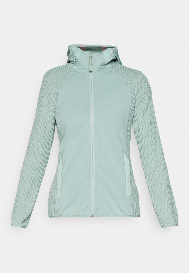 Leichte, mintgrüne Zip-Jacke mit Kapuze, geripptem Muster an Schultern und Ärmeln, zwei Seitentaschen und Frontreißverschluss.