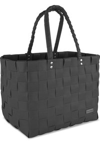 Schwarzer geflochtener Korb mit zwei Griffen, rechteckige Form, aus flexiblem Material, mit silbernen Hardware-Akzenten und einer strukturierten Oberfläche.