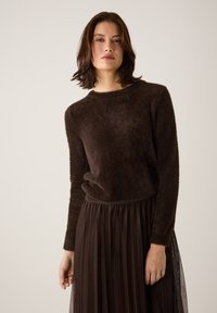 Brauner, flauschiger Pullover mit langen Ärmeln und Rundhalsausschnitt, kombiniert mit einem plissierten, transparenten braunen Rock für eine geschichtete Textur und Kontraste.