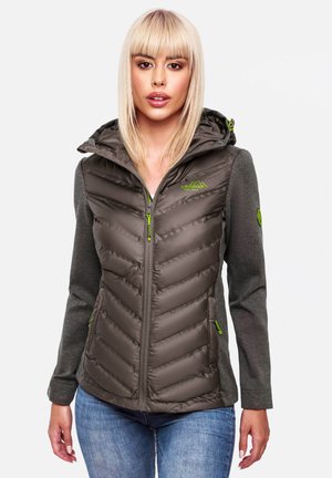 Grey puffer jacket with green accents, zip closure, chevron pattern on front, hood, and solid grey fabric on sleeves.