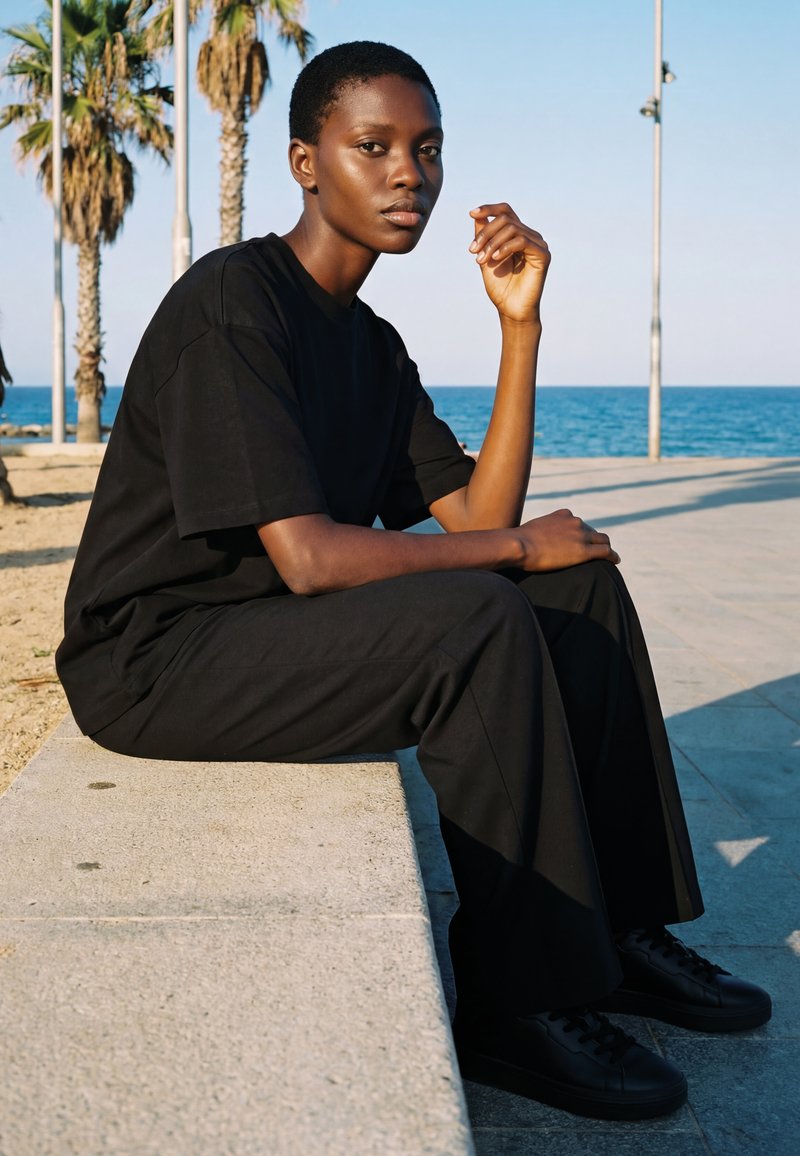 Young person in black outfit sitting on a concrete ledge near palm trees and ocean under clear blue sky.