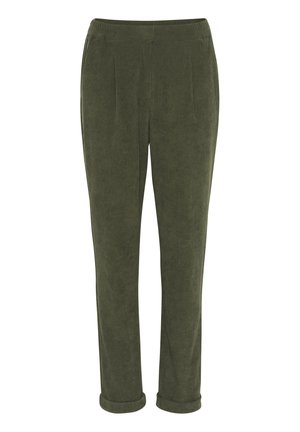 Pantaloni in corduroy verde con una vestibilità rilassata, caratterizzati da pieghe frontali e orli arrotolati. Il tessuto ha un aspetto texturizzato e rigato.