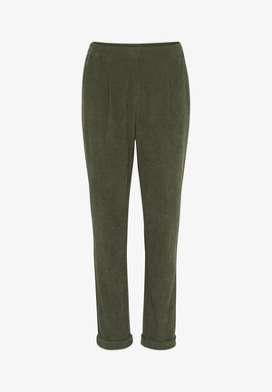 Grüne Cordhosen mit bequemer Passform, die über eine vordere Bügelfalte und aufgerollte Bündchen verfügen. Der Stoff hat eine strukturierte, gerippte Optik.