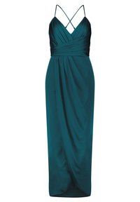 Robe en satin bleu canard avec un design drapé, présentant un col en V et des bretelles spaghetti croisées, longueur jusqu'au mollet.