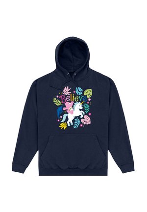 Mørkeblå hoodie med en frontlomme, prydet med et farverigt enhjørningsgrafik omgivet af blomstrende elementer og ordet "Tro" i legende skrifttype.