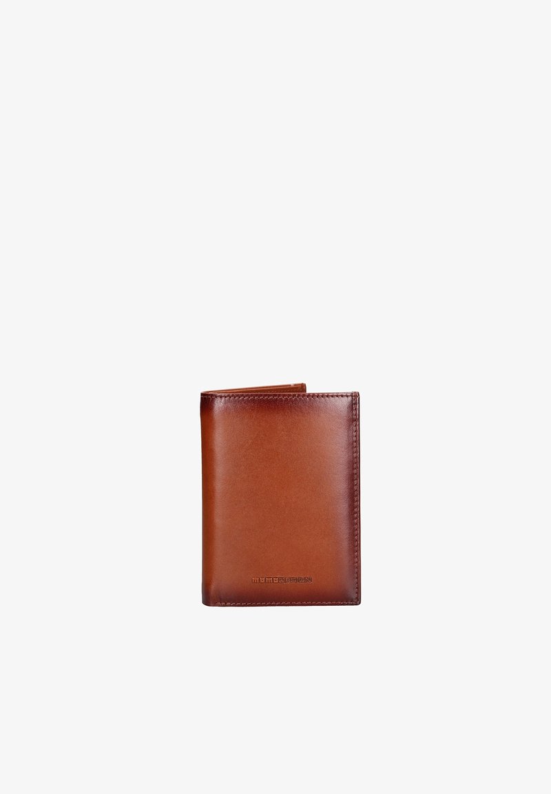 Portefeuille bi-fold en cuir marron avec une finition lisse et un nom de marque discrètement embossé au centre inférieur avant.