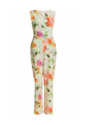 Combinaison sans manches longue jusqu'aux pieds avec une taille cintrée, présentant une base blanche et un motif floral éclatant aux couleurs orange, rose, jaune et vert.