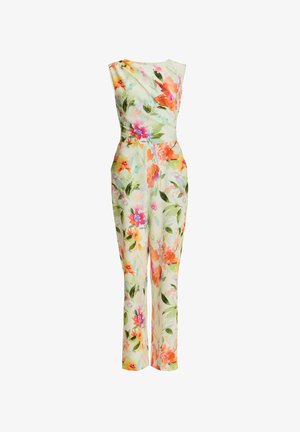 Combinaison sans manches longue jusqu'aux pieds avec une taille cintrée, présentant une base blanche et un motif floral éclatant aux couleurs orange, rose, jaune et vert.
