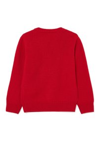 Maglione rosso lavorato a maglia con maniche lunghe, scollatura rotonda e polsini e orlo a coste. Colore uniforme, texture morbida e design casual.
