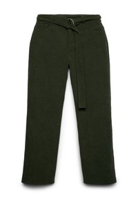 Dunkelgrüne Cordhosen mit einem weiten Bein-Design, ausgestattet mit einem Stoffbindegürtel und zwei Fronttaschen. Weiche Textur.