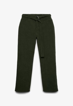Dark green corduroy pants with a wide leg design, featuring a fabric tie belt and two front pockets. Soft texture.