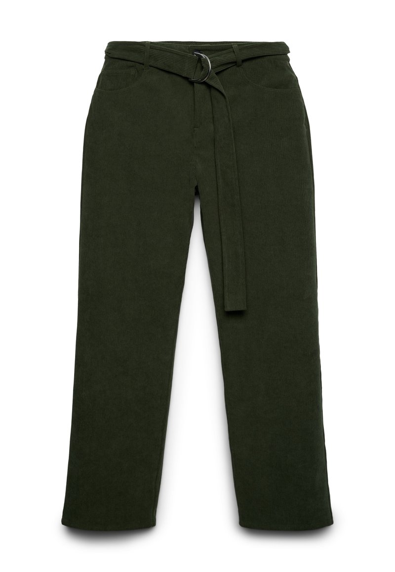 Dunkelgrüne Cordhosen mit einem weiten Bein-Design, ausgestattet mit einem Stoffbindegürtel und zwei Fronttaschen. Weiche Textur.