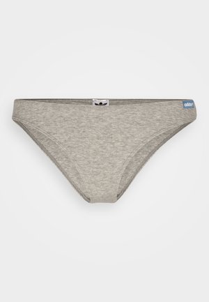 Gray cotton bikini-style underwear with a smooth texture, featuring a subtle logo tag in blue and a small silver accent on the waistband.