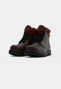 Brown leather ankle boots with a padded collar, black laces, sturdy rubber outsole, and metal eyelets. Features a logo on the tongue.