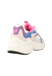 Sneaker with a pastel color palette, featuring pink, blue, and white synthetic upper, a thick white sole, and a pull tab on the heel.