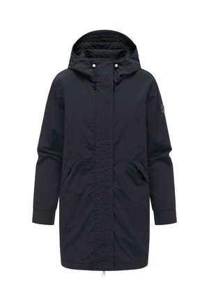 Svart lang regnjakke med hette, glidelås foran, snorer, sidelommer og en rund logo på venstre erme.