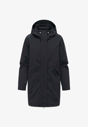 Black long raincoat with hood, front zipper, drawstrings, side pockets, and a round logo on the left sleeve.