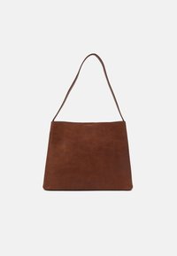 Brun læder tote bag med et enkelt, rektangulært design og en enkelt lang rem. Glat overflade uden synlig hardware eller udsmykninger.