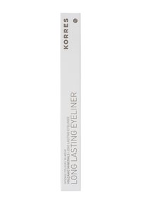 Korres Långvarig Eyeliner i en vit låda. Text i brunt, inkluderar "Intensiv Färg", "Vulkaniska Mineraler" och "Långvarig Eyeliner".